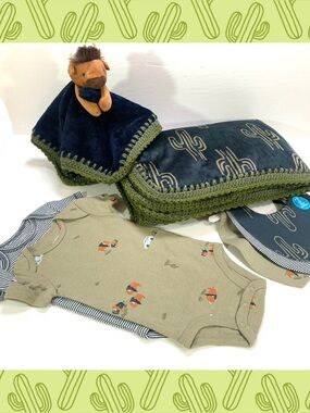 Buffalo Bison Desert Cactus Minky Sherpa Crochet Baby Blanket 7 Pc Gift Set